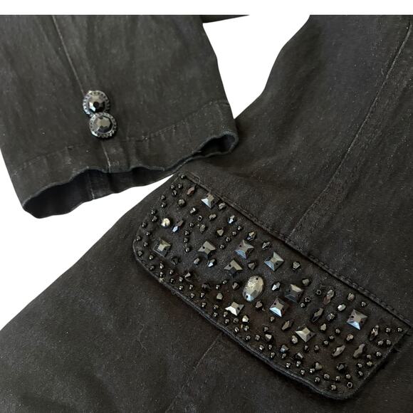Vintage Upcycled Denim Jacket M Beaded Goth Black Cat Whimsical Statement - Picture 3 of 8